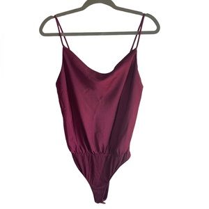 Lulu’s Talking Smooth Burgundy Red Cowl Neck Satin Bodysuit size Medium